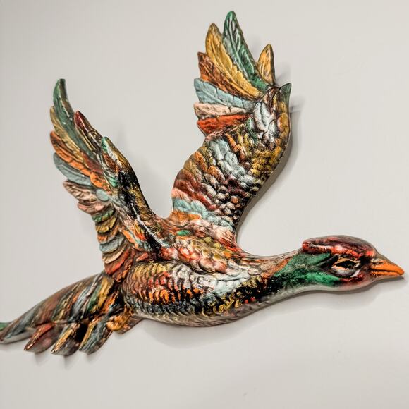 Vintage Hand Painted Flying Pheasant Chalkware Wall Art w/ Drip Glaze Finish - Picture 2 of 8